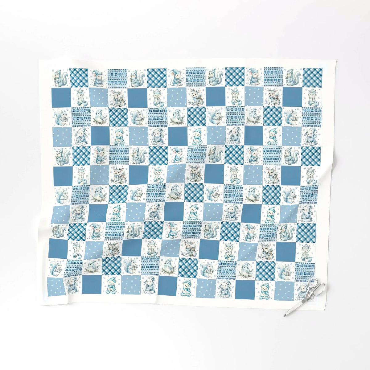 Christmas Woodland cheater quilt fabric, 3 inch blocks laid flat – a no-piecing faux patchwork quilt top