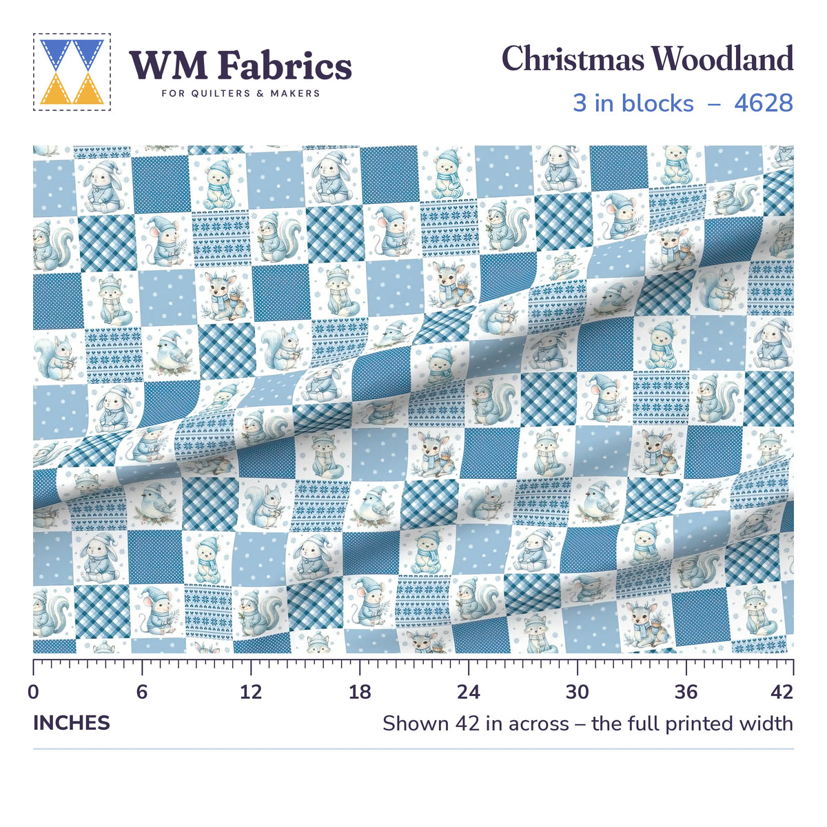 Christmas Woodland fabric, 3 inch blocks shown 42 inches across with a ruler for true print scale