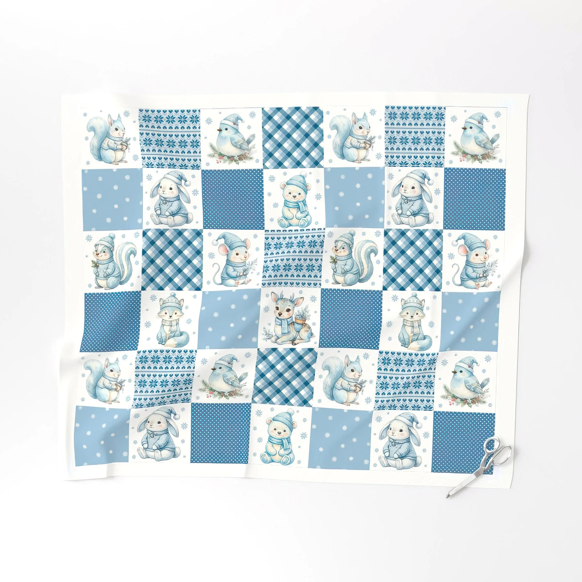 Christmas Woodland cheater quilt fabric, 6 inch blocks laid flat – a no-piecing faux patchwork quilt top