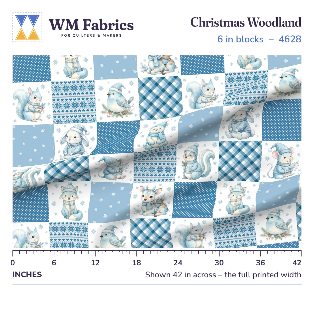 Christmas Woodland fabric, 6 inch blocks shown 42 inches across with a ruler for true print scale
