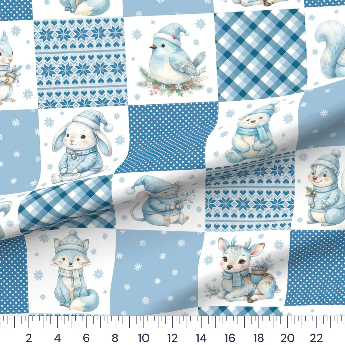 Christmas woodland baby cheater quilt fabric by the yard with 6 inch blocks, draped quilting cotton with a ruler showing true scale