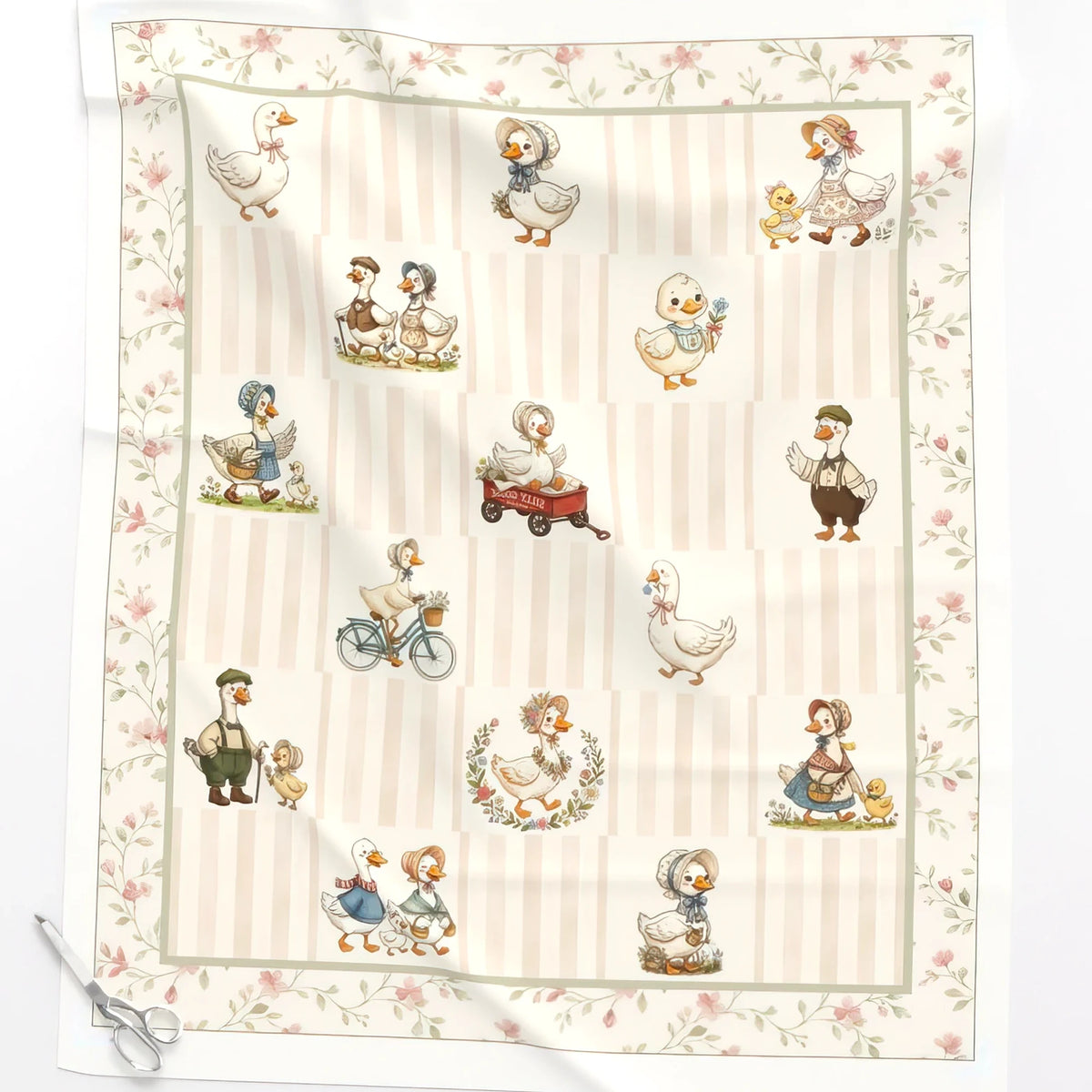 Silly Goose baby quilt panel close-up – no-piecing cheater quilt top