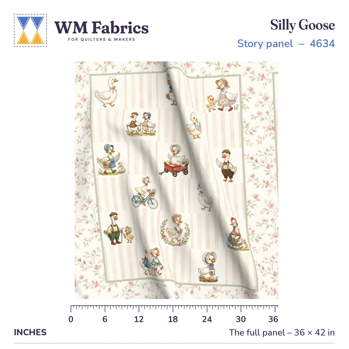 Silly Goose baby quilt panel shown full size, 36 x 42 inches, with a ruler for true scale