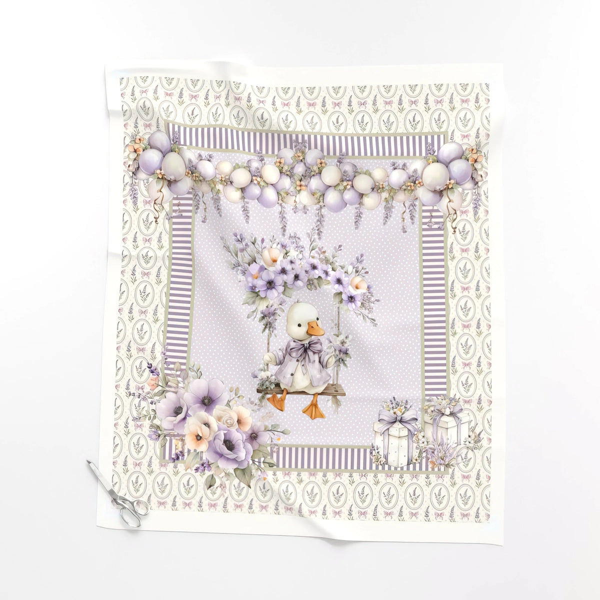 Lavender Goose baby quilt panel laid flat – a 36 x 42 inch no-piecing quilt top