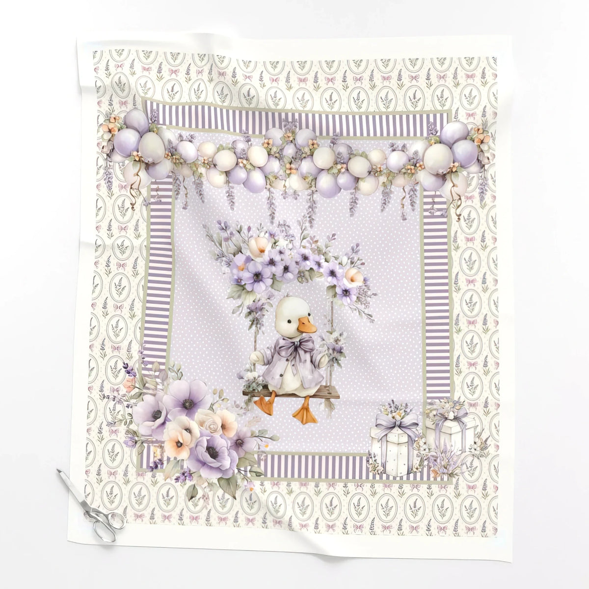 Lavender Goose baby quilt panel laid flat – full 36 x 42 in panel