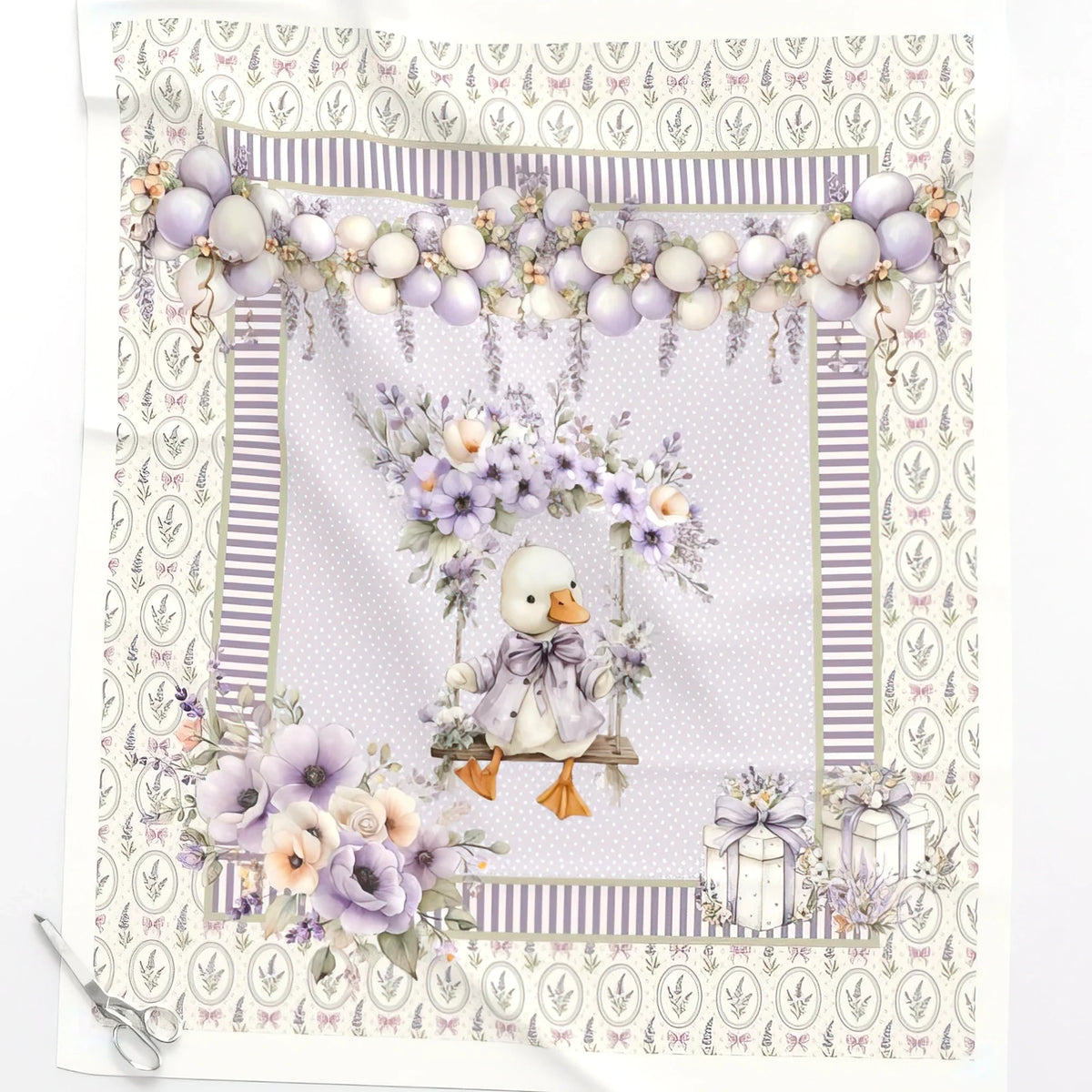 Lavender Goose baby quilt panel close-up – no-piecing quilt top