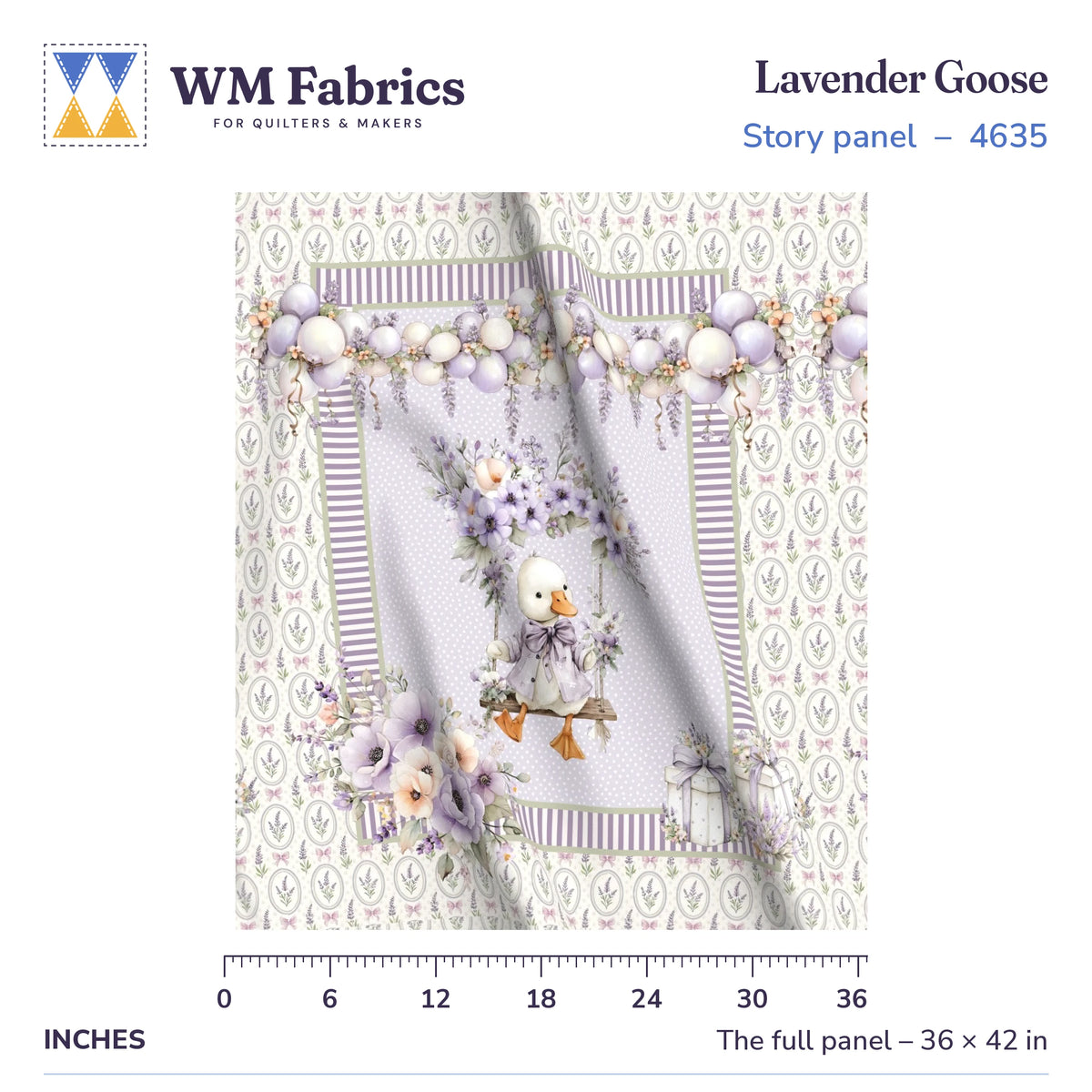 Lavender Goose baby quilt panel shown full size, 36 x 42 inches, with a ruler for true scale