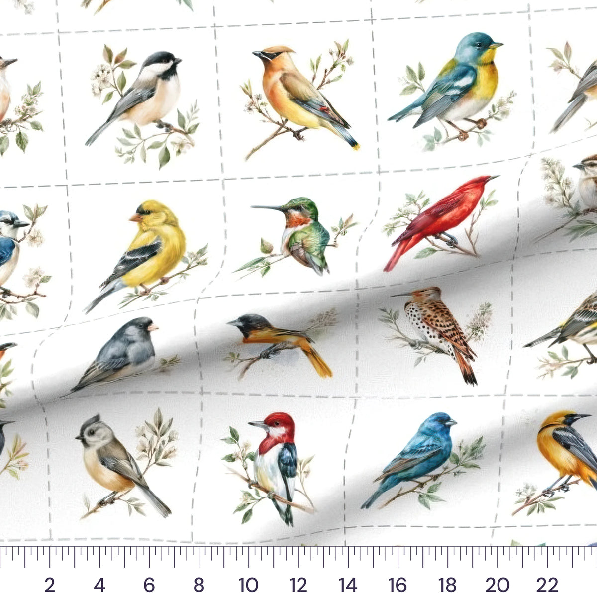 North American Songbirds quilting cotton fabric – draped close-up with a ruler showing true print scale