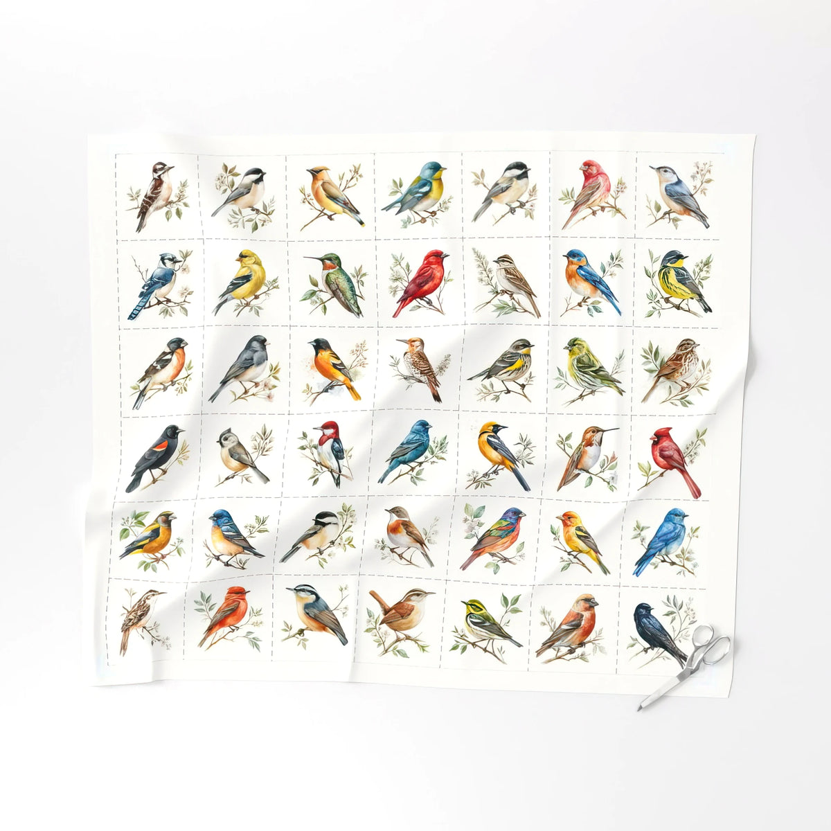 North American Songbirds cut-apart quilt block panel laid flat, ready to cut into 6 inch blocks