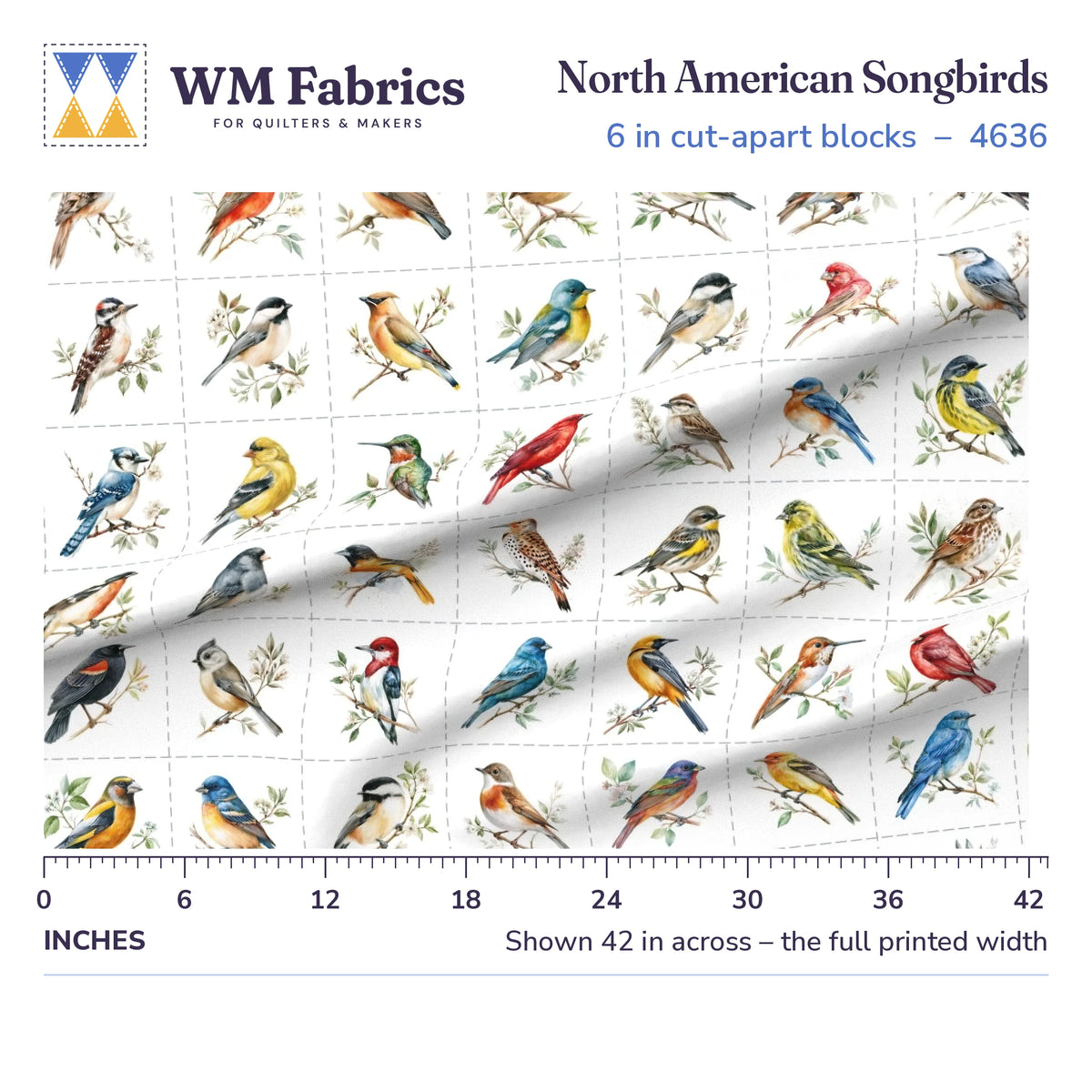 North American Songbirds fabric shown 42 inches across with a ruler for true print scale