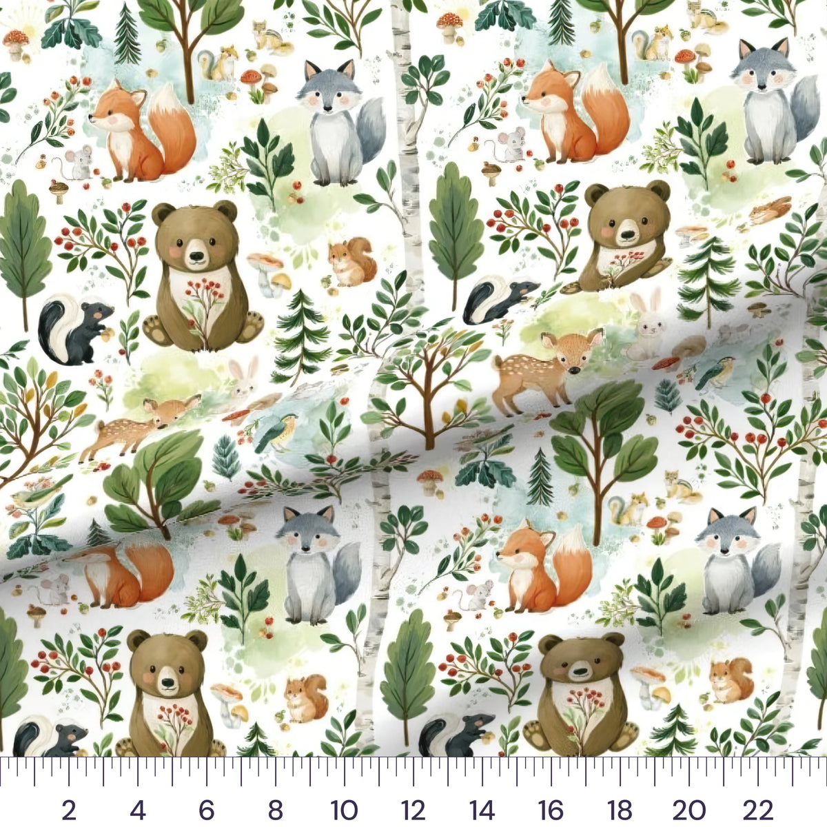 Woodland Animals Toss quilting cotton fabric – draped close-up with a ruler showing true print scale
