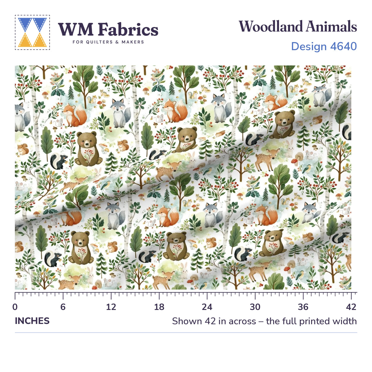 Woodland Animals Toss fabric shown 42 inches across with a ruler for true print scale