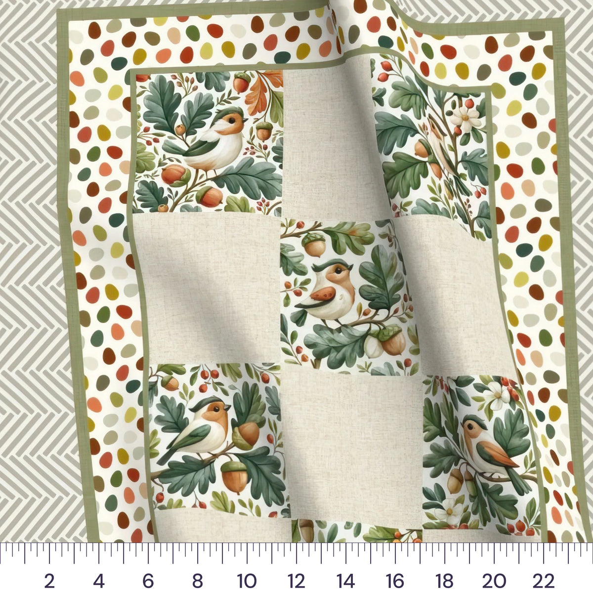 Close-up of the Little Birdie baby quilt panel with a ruler showing true scale