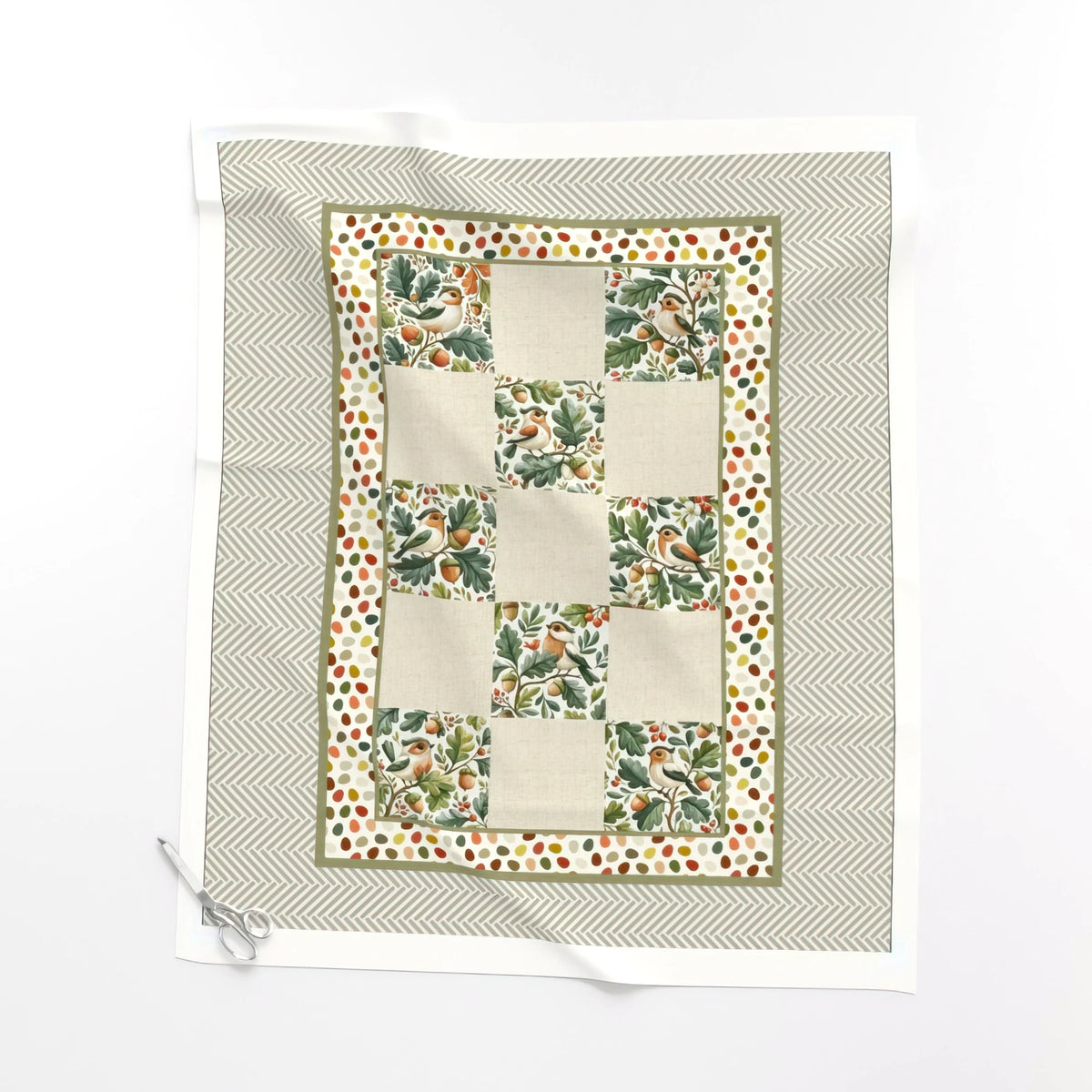 Little Birdie baby quilt panel laid flat – a 36 x 42 inch no-piecing quilt top