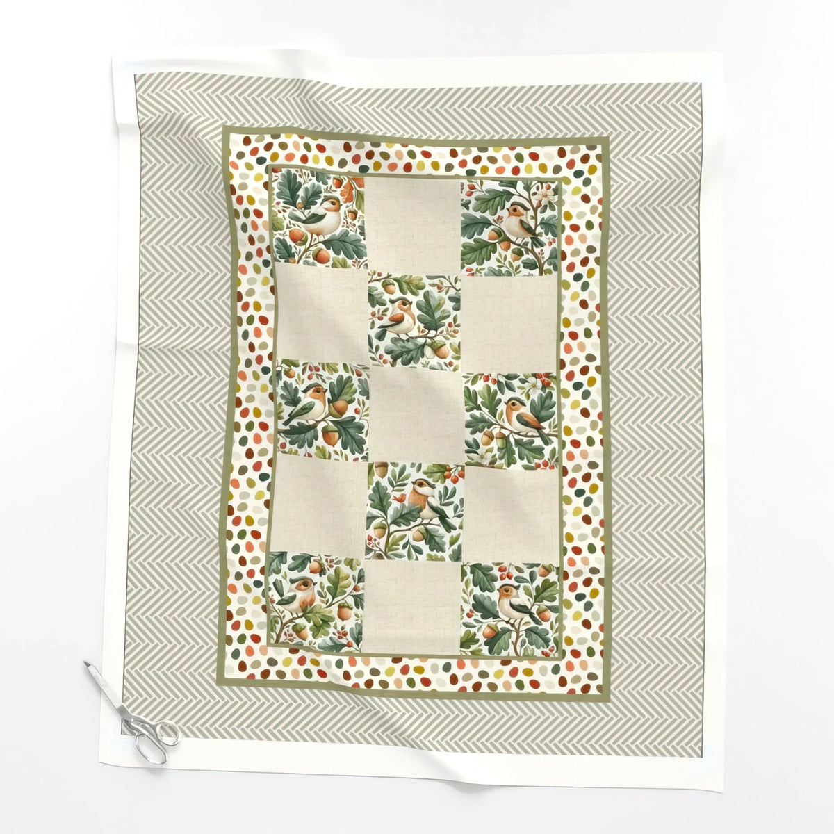 Little Birdie woodland bird baby quilt panel laid flat – full 36 x 42 in panel