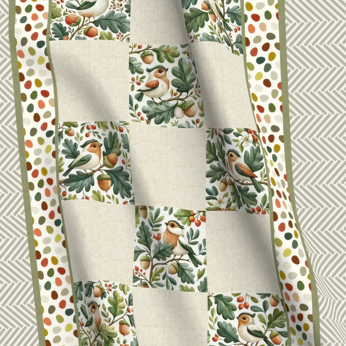 Little Birdie woodland bird baby quilt panel close-up – no-piecing cheater quilt top