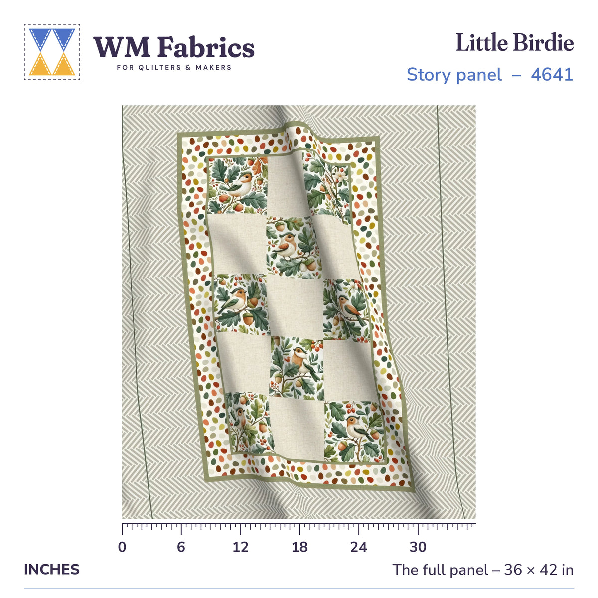 Little Birdie baby quilt panel shown full size, 36 x 42 inches, with a ruler for true scale