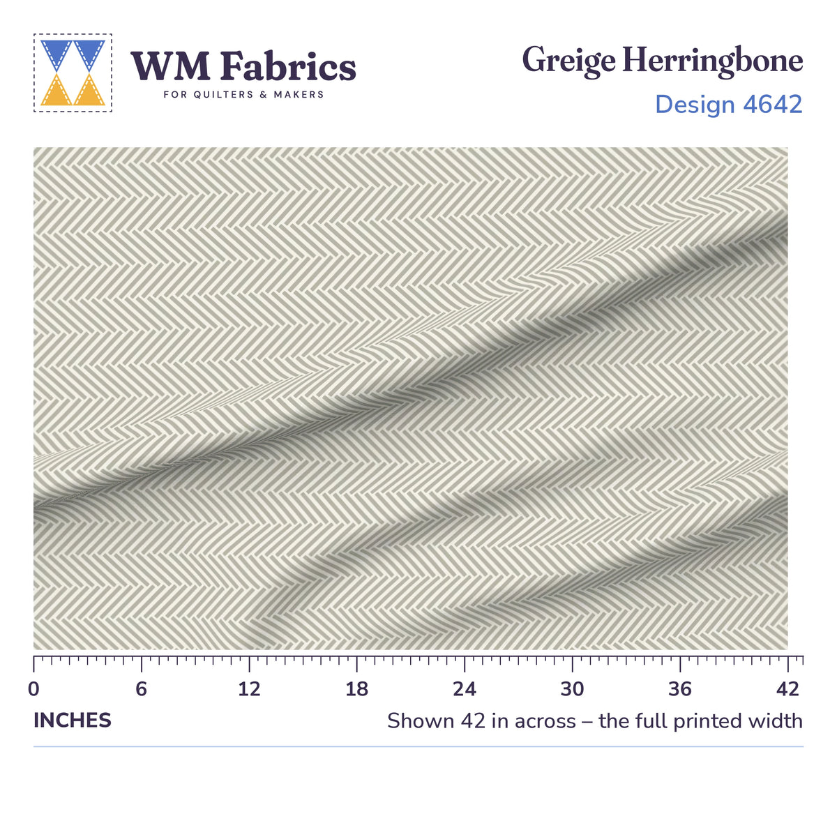 Greige Herringbone fabric shown 42 inches across with a ruler for true print scale
