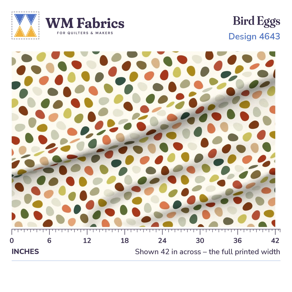 Bird Eggs fabric shown 42 inches across with a ruler for true print scale