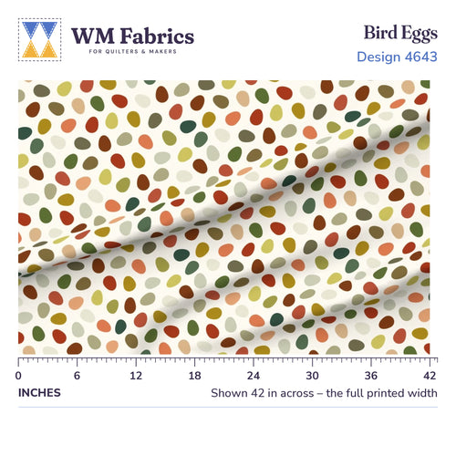 Bird Eggs fabric shown 42 inches across with a ruler for true print scale