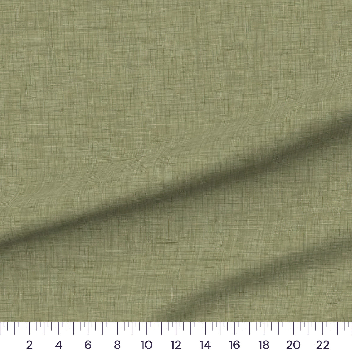 Olive Linen quilting cotton fabric – draped close-up with a ruler showing true print scale