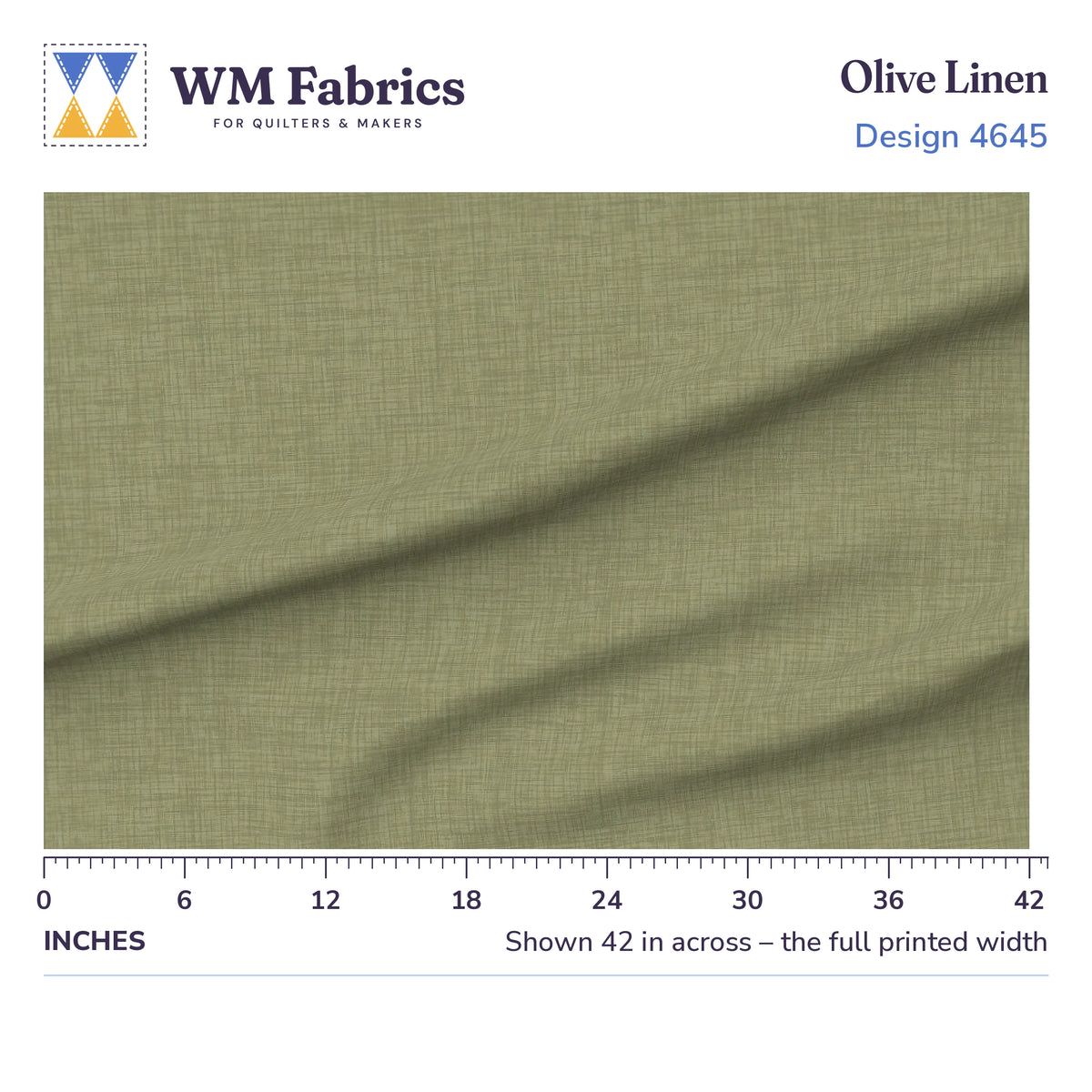 Olive Linen fabric shown 42 inches across with a ruler for true print scale