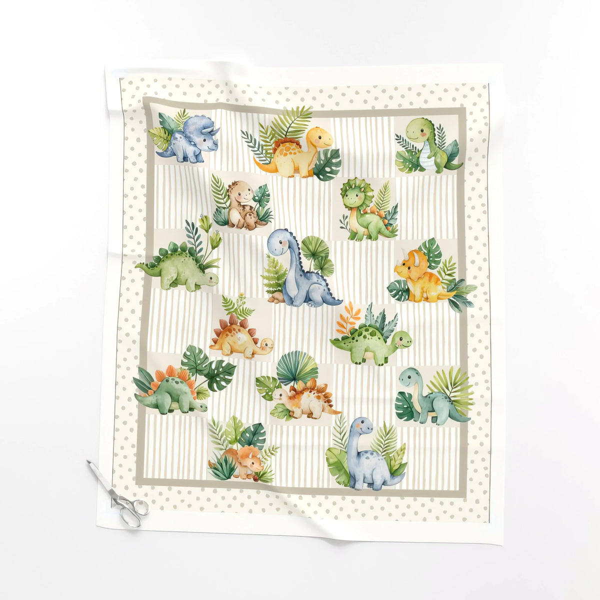 Little Jurassic baby quilt panel laid flat – a 36 x 42 inch no-piecing quilt top