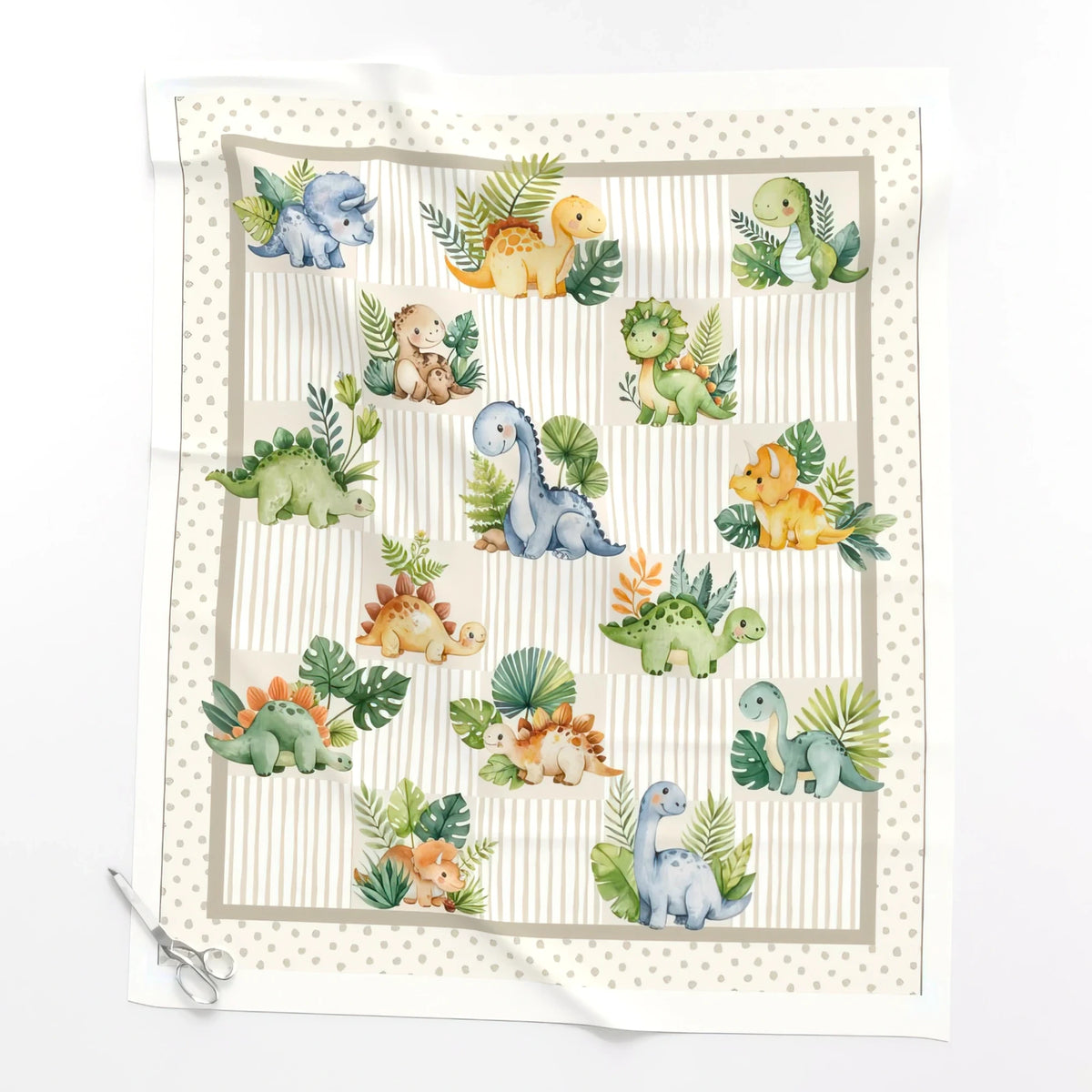 Little Jurassic dinosaur baby quilt panel laid flat – full 36 x 42 in panel