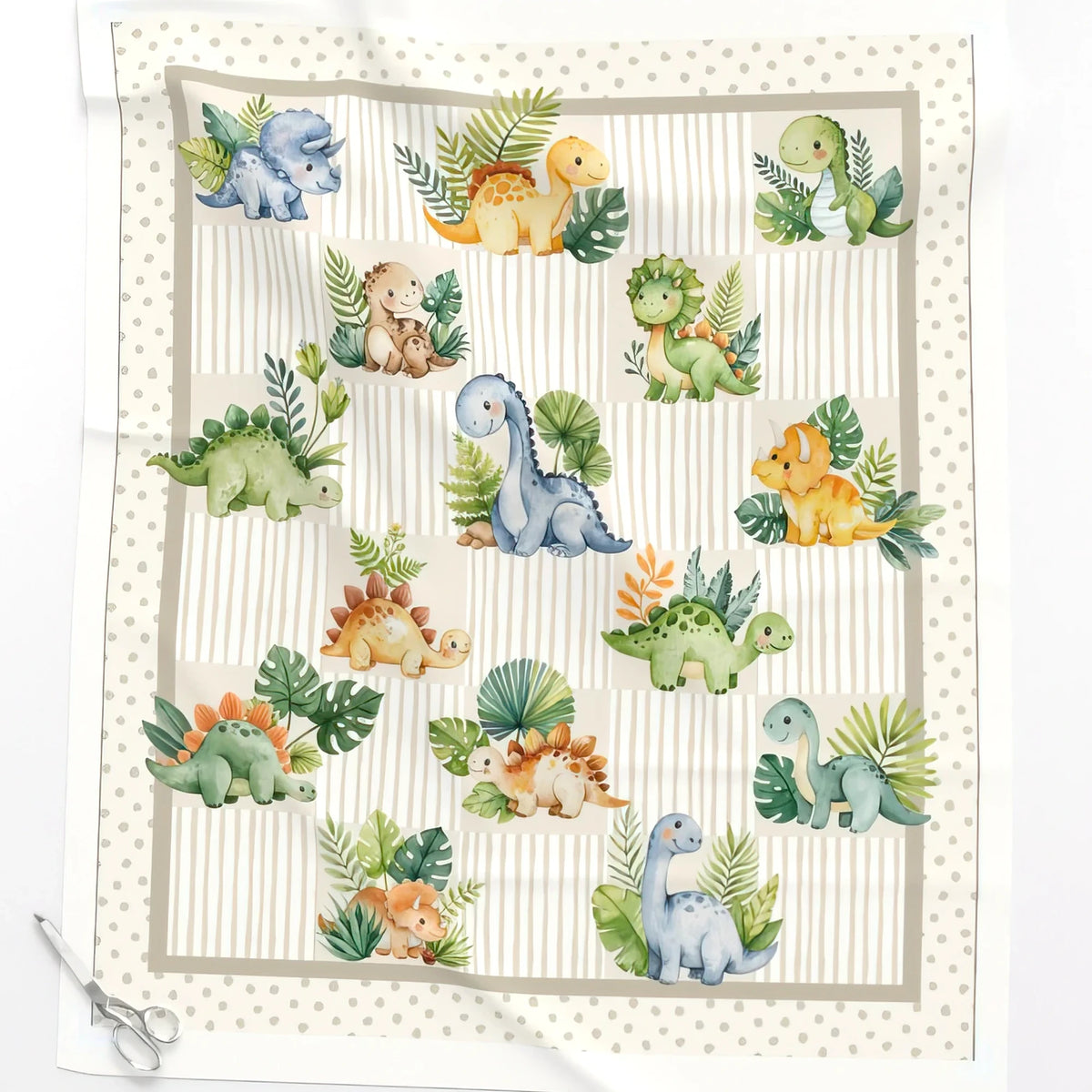Little Jurassic dinosaur baby quilt panel close-up – no-piecing cheater quilt top