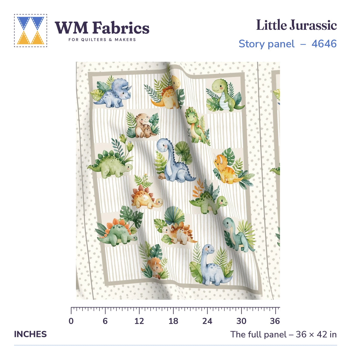Little Jurassic baby quilt panel shown full size, 36 x 42 inches, with a ruler for true scale