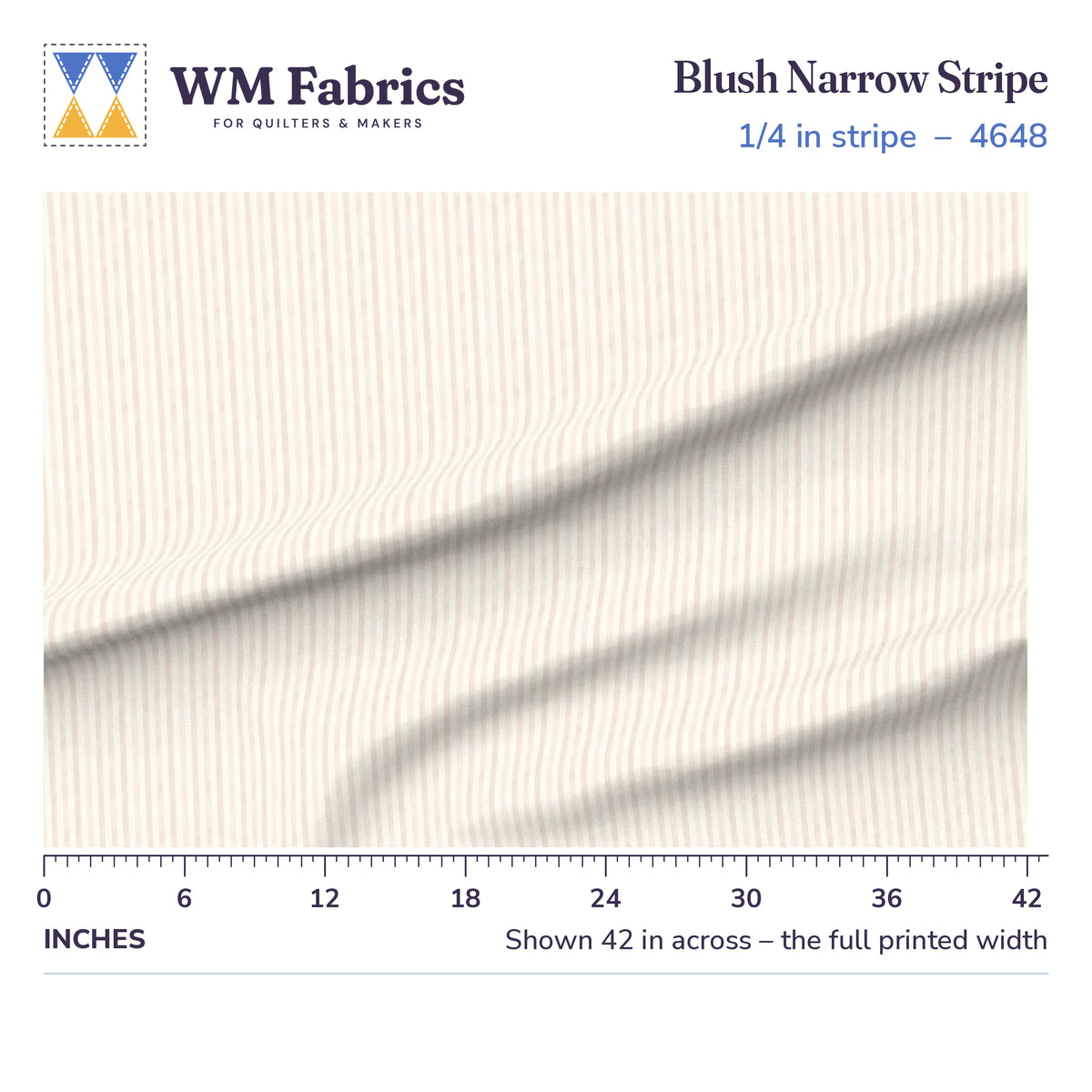 Elodie Stripe 1/4 inch fabric shown 42 inches across with a ruler for true print scale