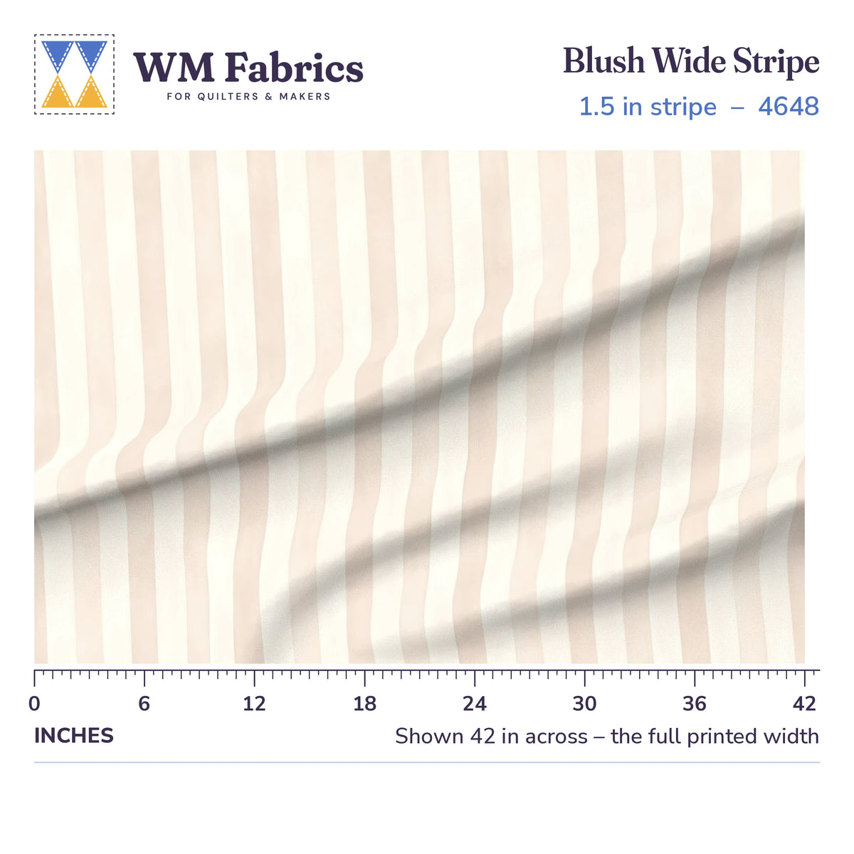 Elodie Stripe 1.5 inch fabric shown 42 inches across with a ruler for true print scale