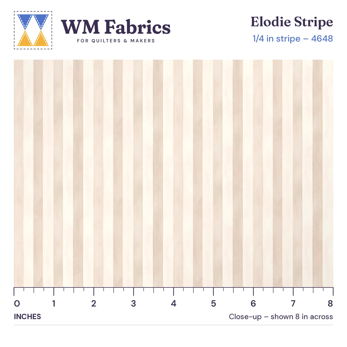 8 inch close-up of Elodie Stripe 1/4 inch quilting cotton with an inch ruler showing the 1/4 inch stripes