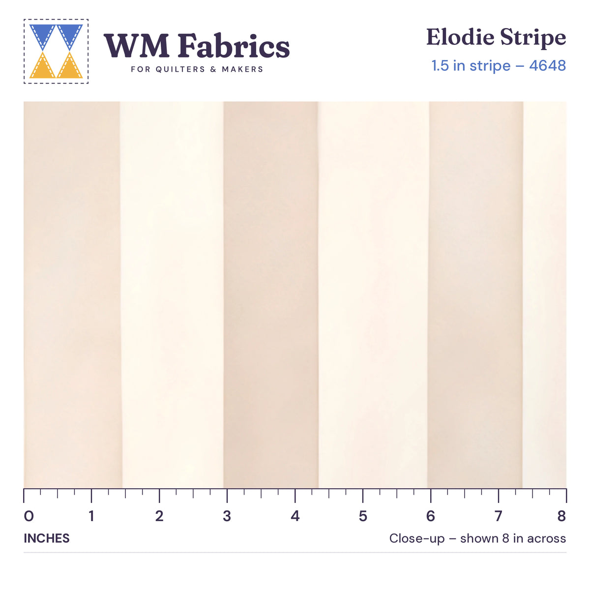 8 inch close-up of Elodie Stripe 1.5 inch quilting cotton with an inch ruler showing the 1.5 inch stripes