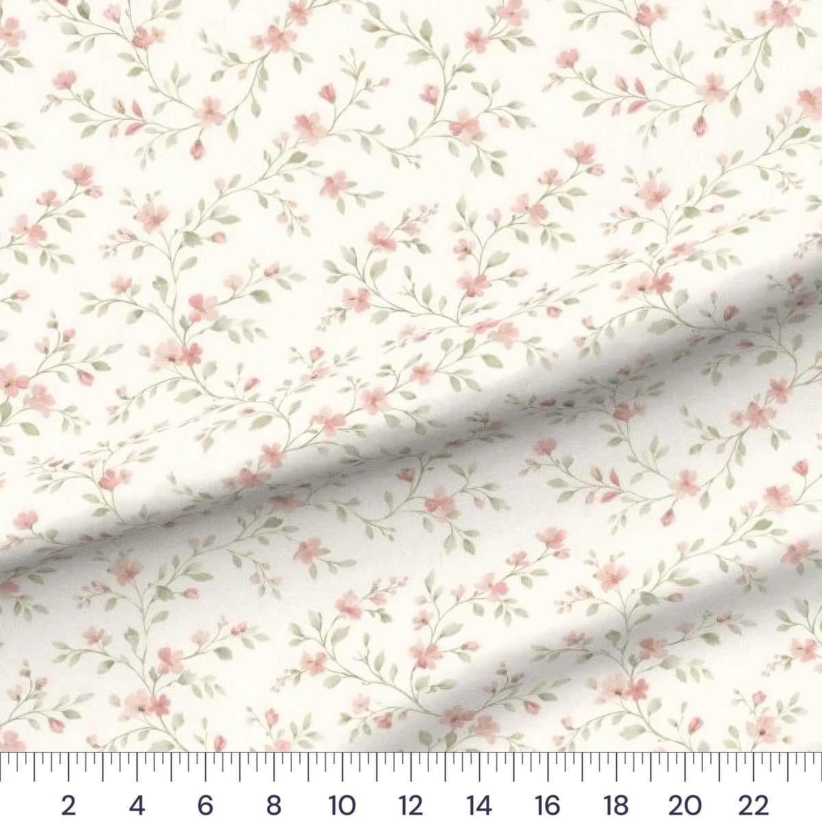 Elodie Floral quilting cotton fabric – draped close-up with a ruler showing true print scale
