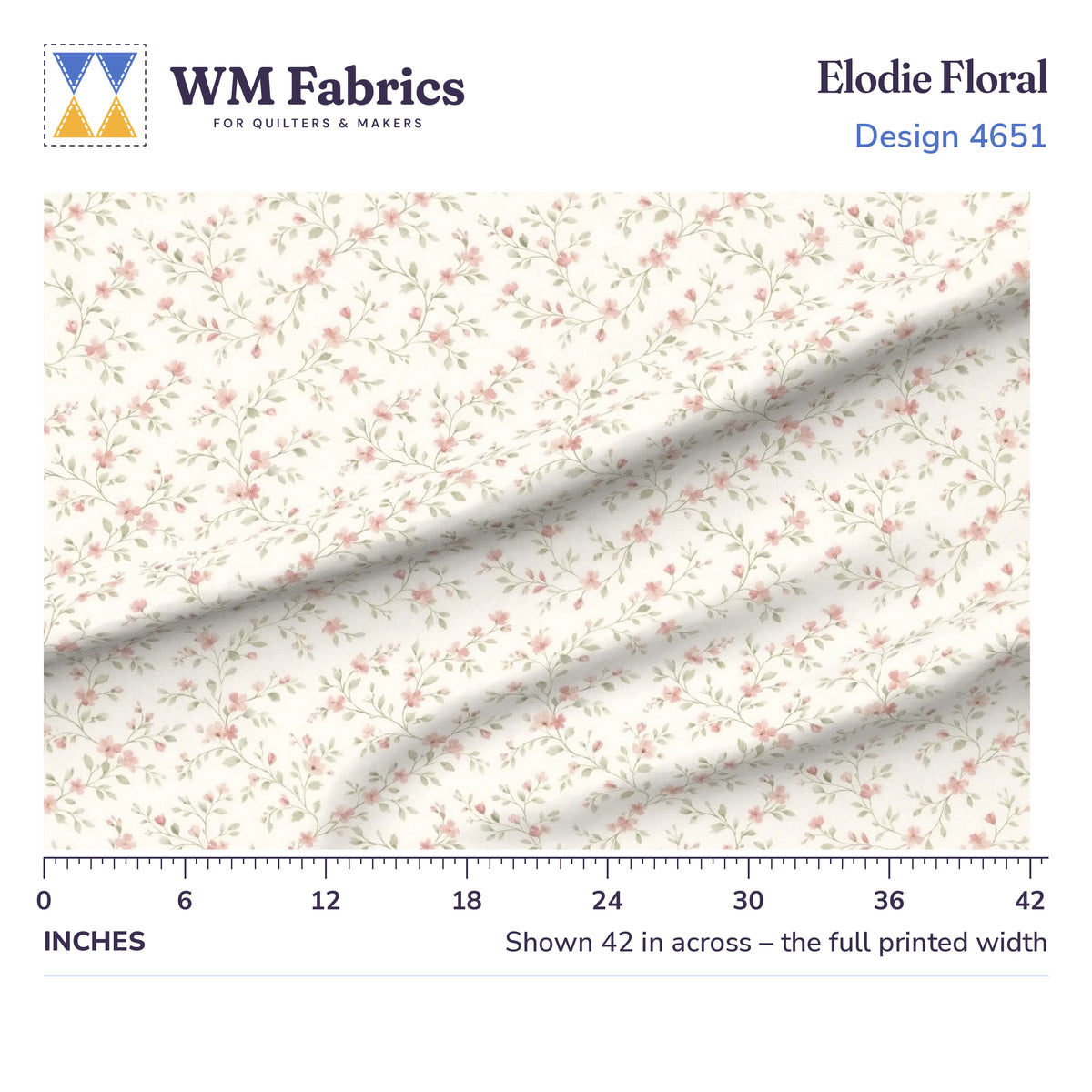 Elodie Floral fabric shown 42 inches across with a ruler for true print scale