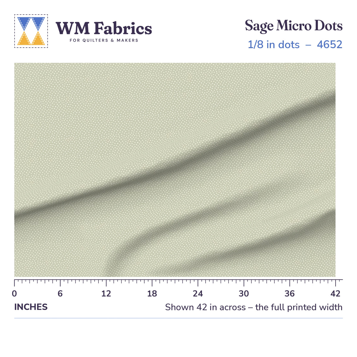 Sage Micro Dots fabric shown 42 inches across with a ruler for true print scale