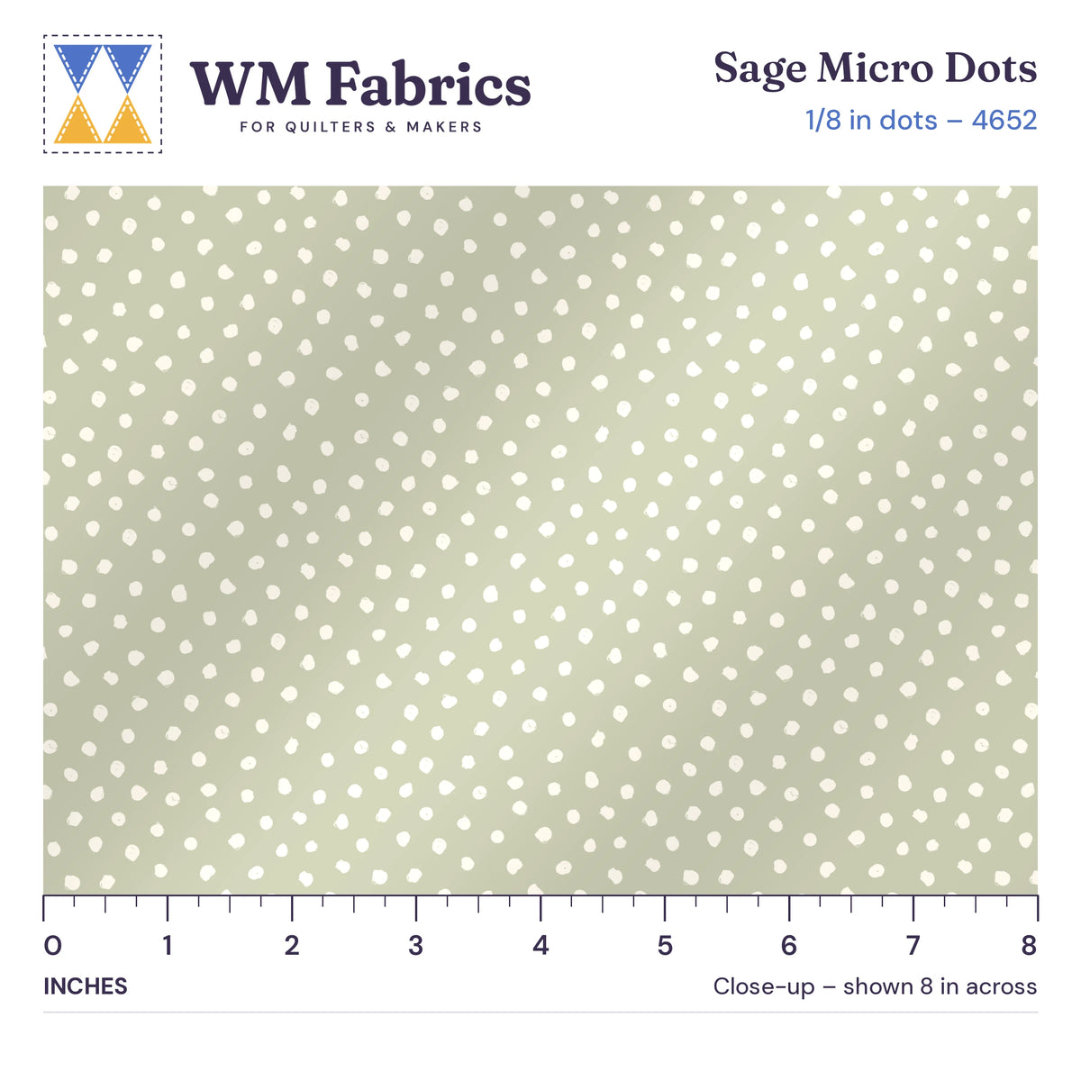 8 inch close-up of Sage Micro Dots quilting cotton with an inch ruler showing the 1/8 inch dots
