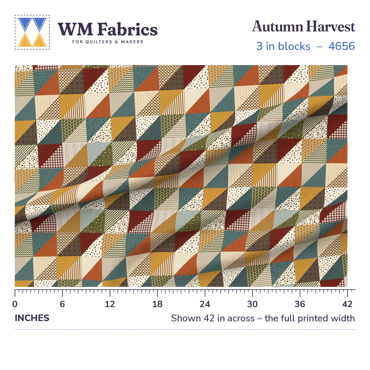 Autumn Harvest fabric, 3 inch blocks shown 42 inches across with a ruler for true print scale