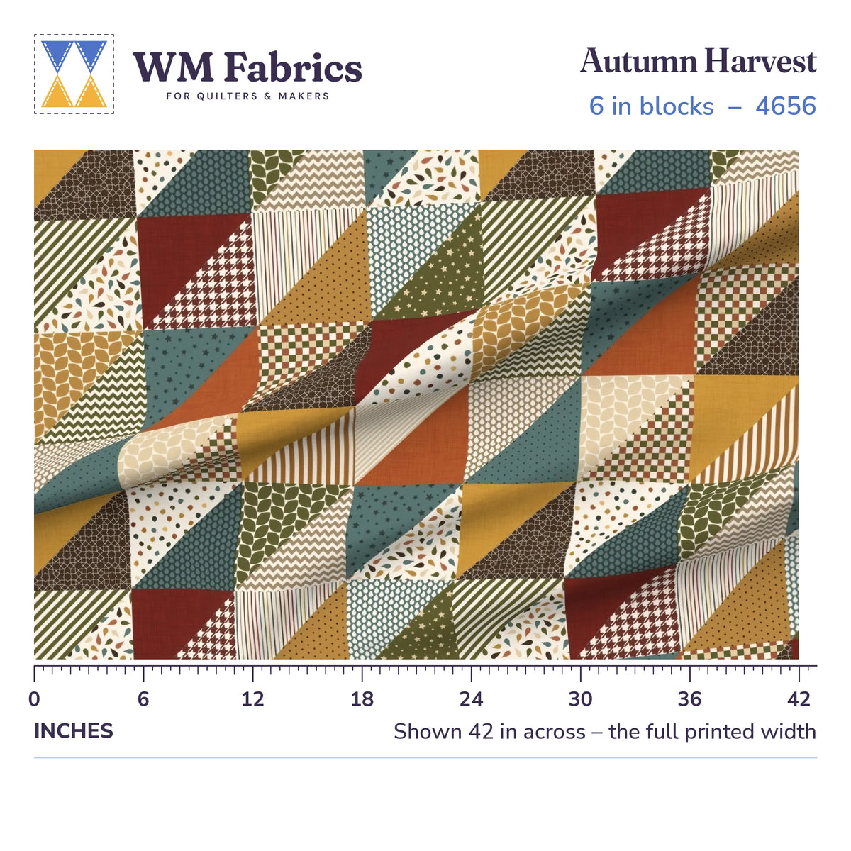 Autumn Harvest fabric, 6 inch blocks shown 42 inches across with a ruler for true print scale