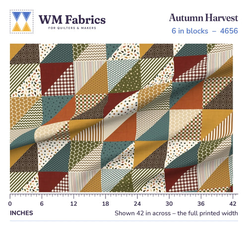 Autumn Harvest fabric, 6 inch blocks shown 42 inches across with a ruler for true print scale