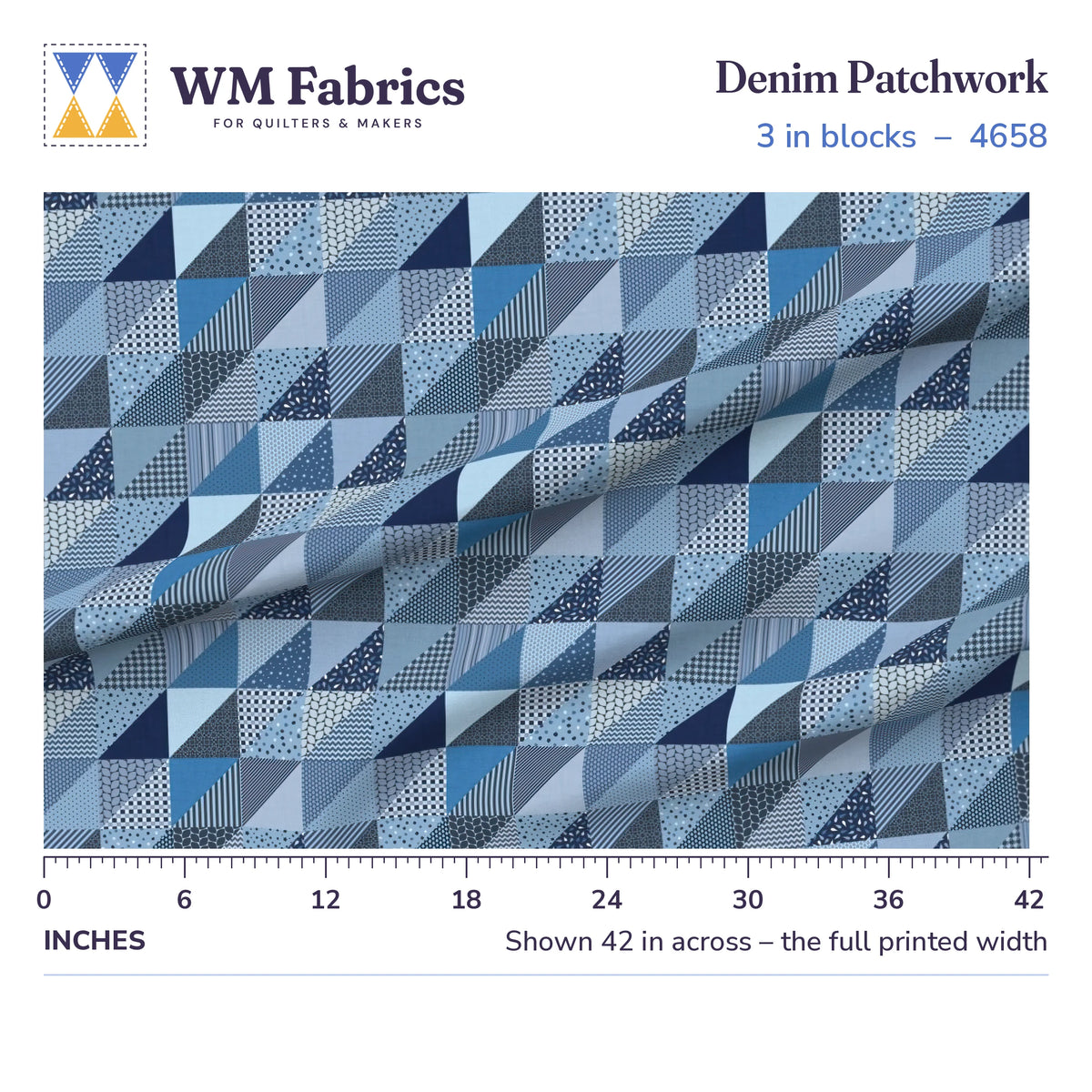 Denim Patchwork fabric, 3 inch blocks shown 42 inches across with a ruler for true print scale