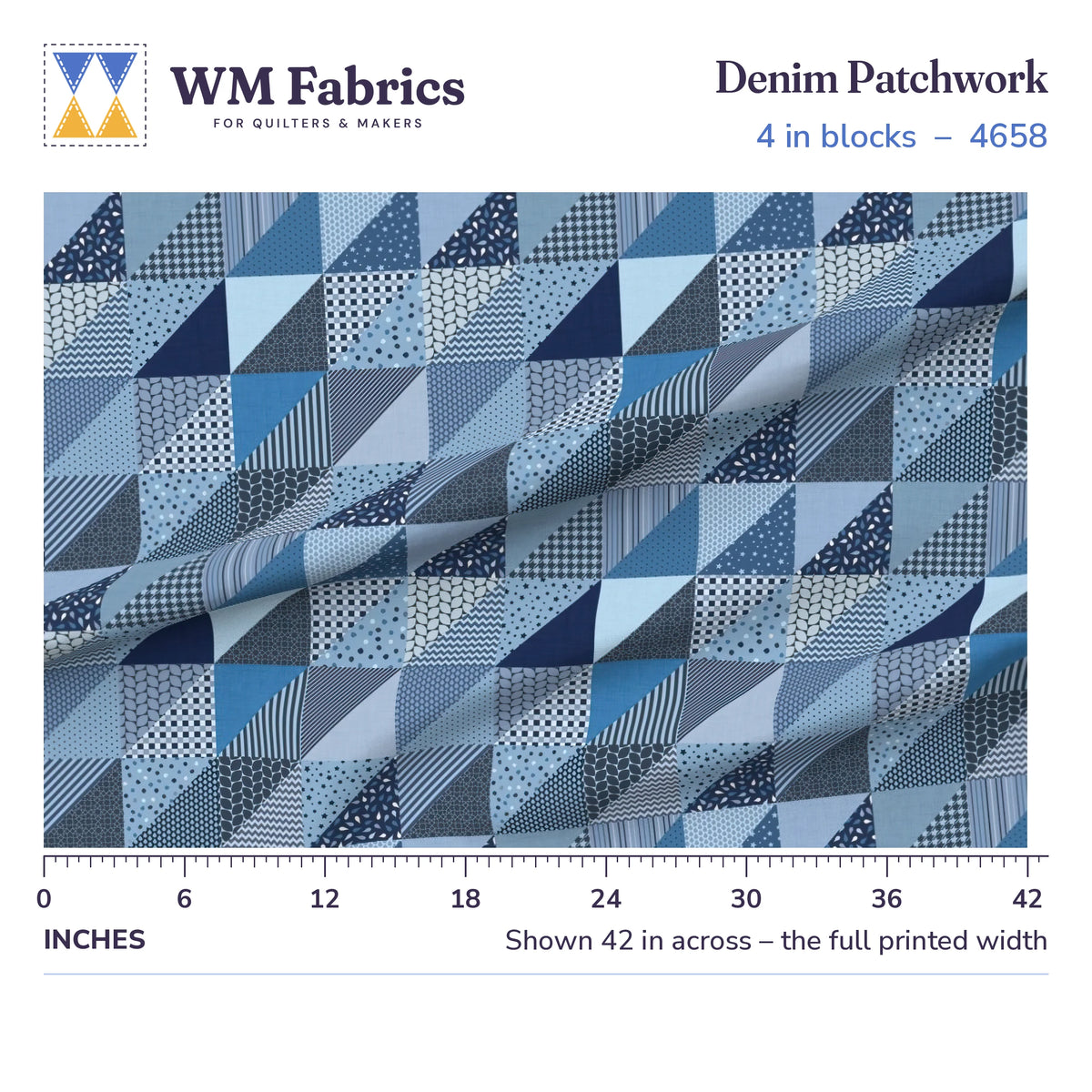 Denim Patchwork fabric, 4 inch blocks shown 42 inches across with a ruler for true print scale