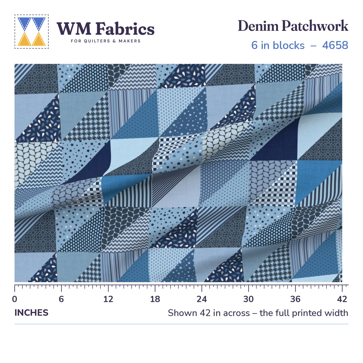 Denim Patchwork fabric, 6 inch blocks shown 42 inches across with a ruler for true print scale