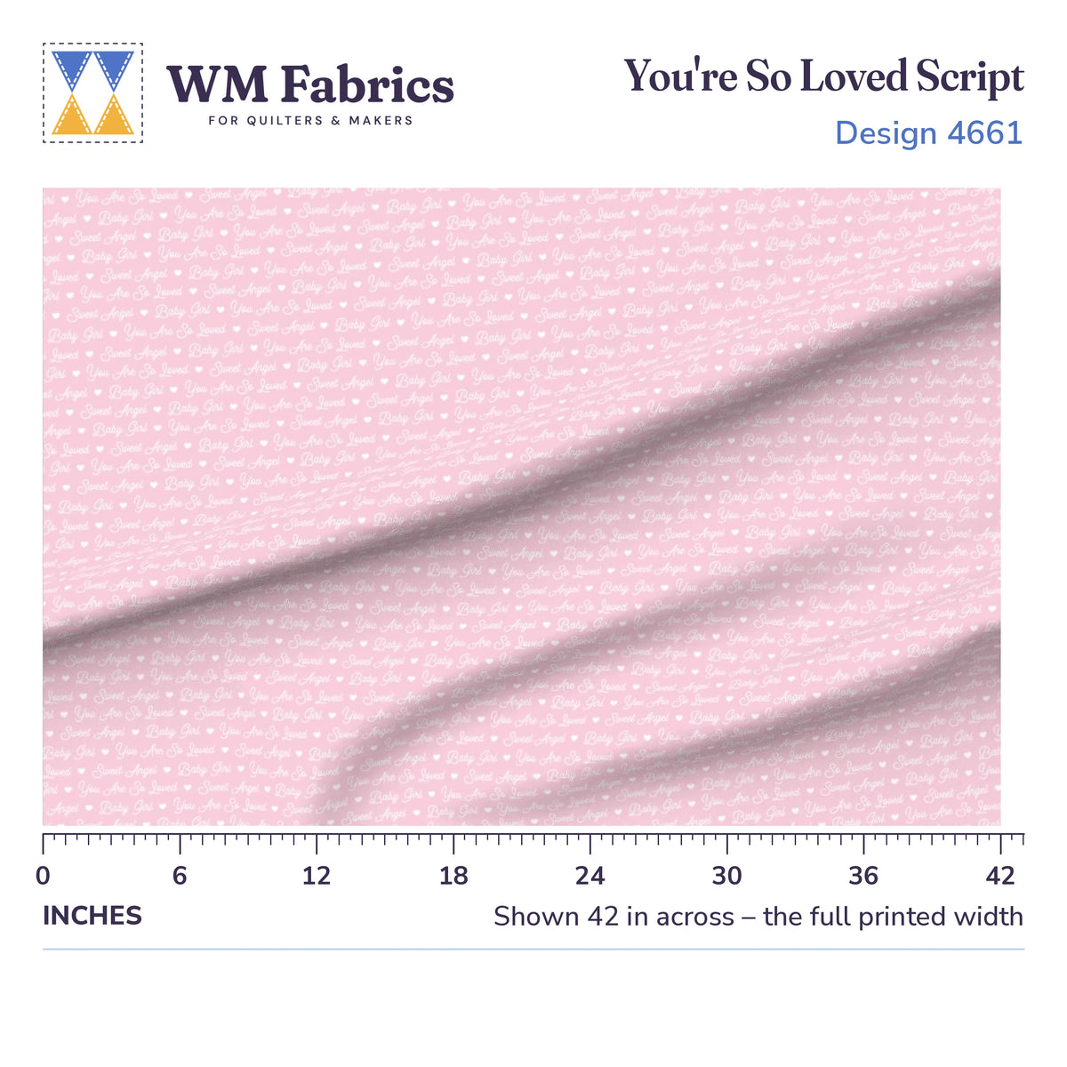 Baby Girl Script fabric shown 42 inches across with a ruler for true print scale