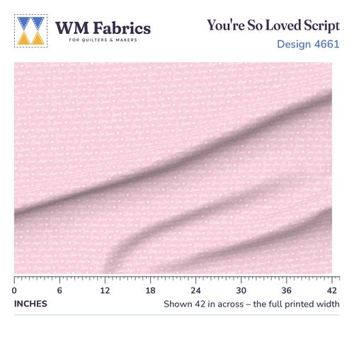 Baby Girl Script fabric shown 42 inches across with a ruler for true print scale