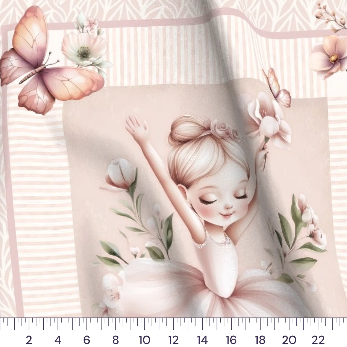 Close-up of the Blush Ballet baby quilt panel with a ruler showing true scale