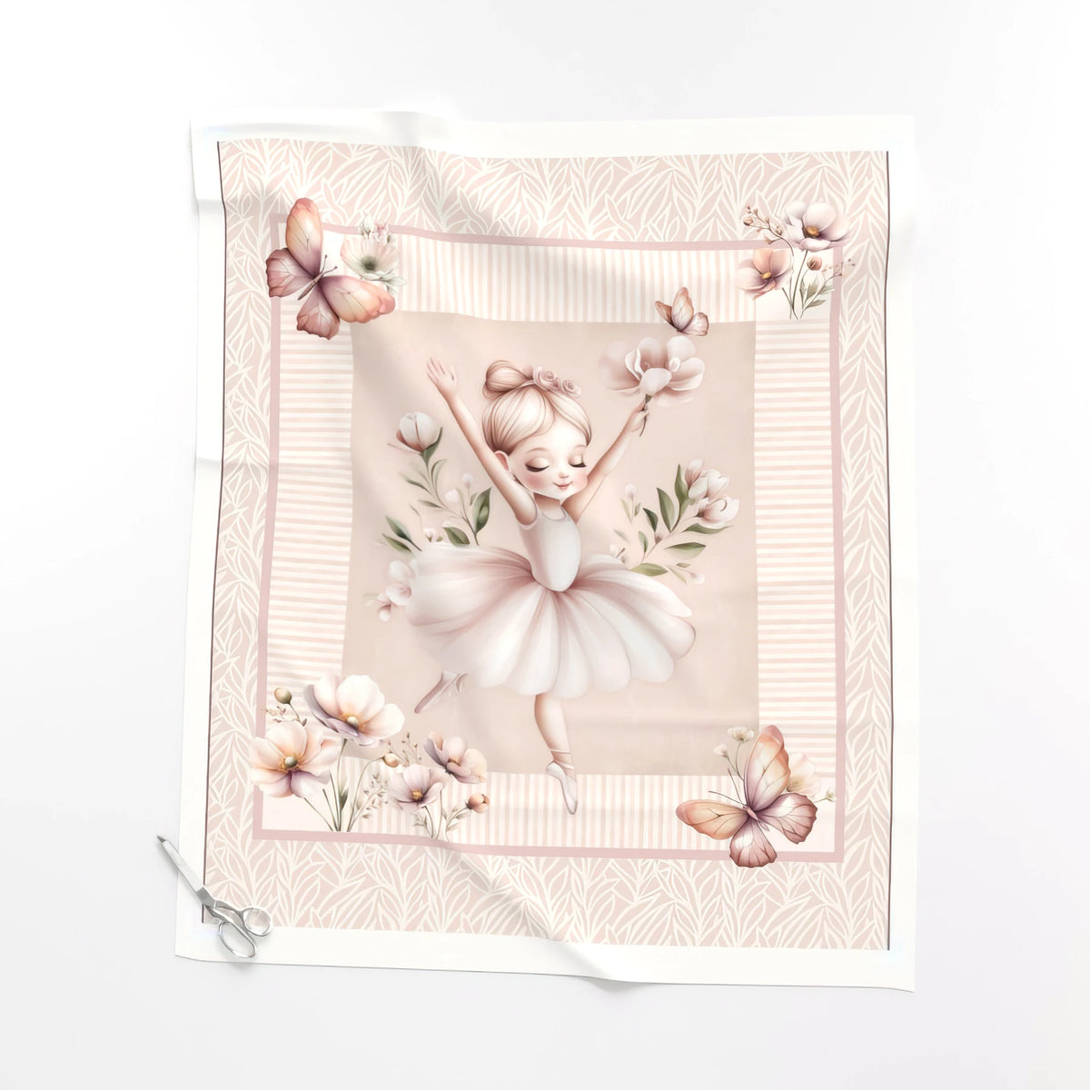 Blush Ballet baby quilt panel laid flat – a 36 x 42 inch no-piecing quilt top
