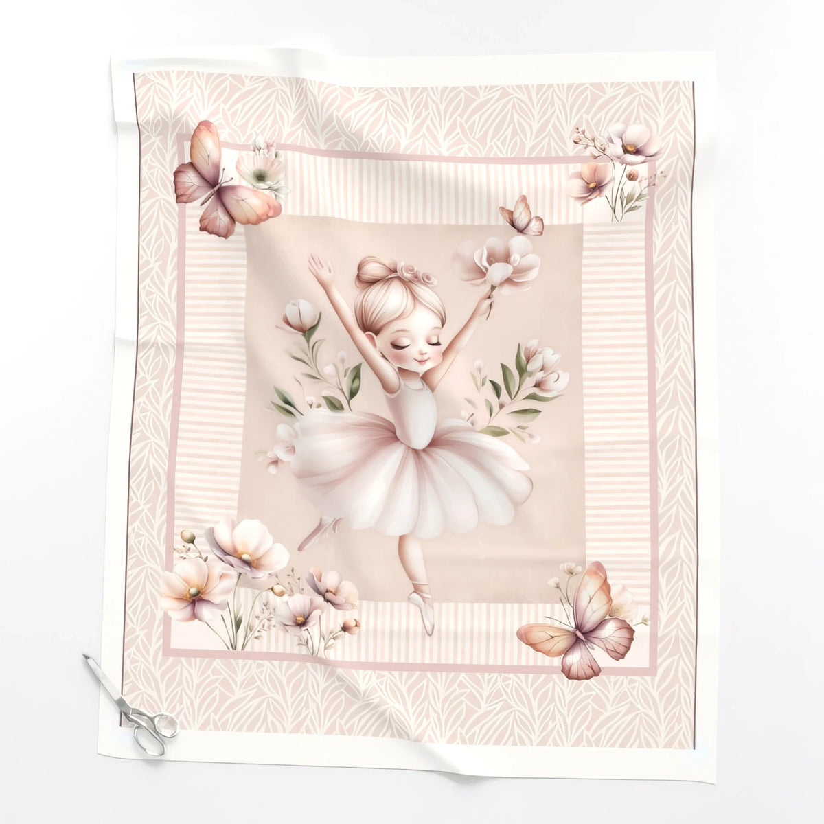 Blush Ballet ballerina baby quilt panel laid flat – full panel