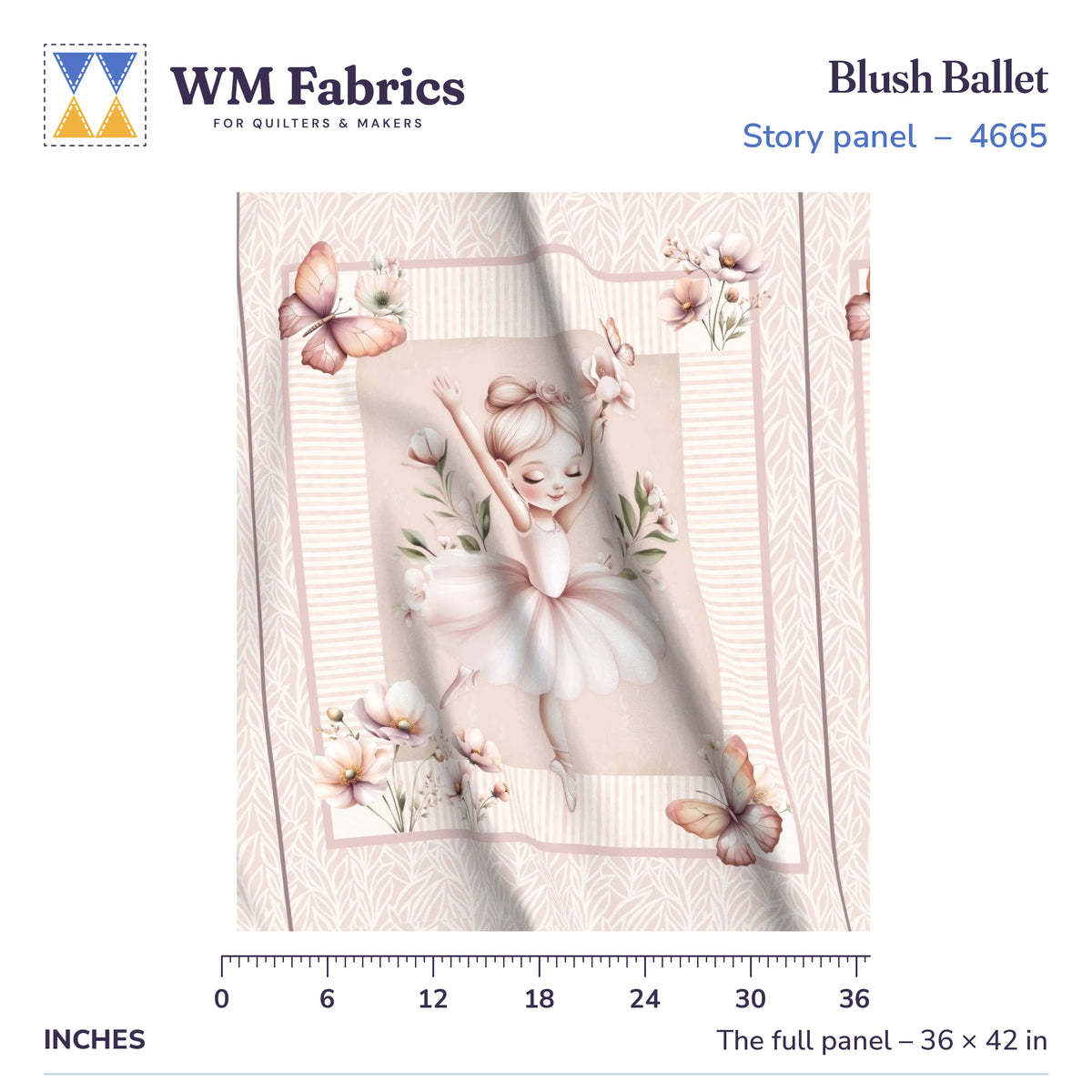 Blush Ballet baby quilt panel shown full size, 36 x 42 inches, with a ruler for true scale